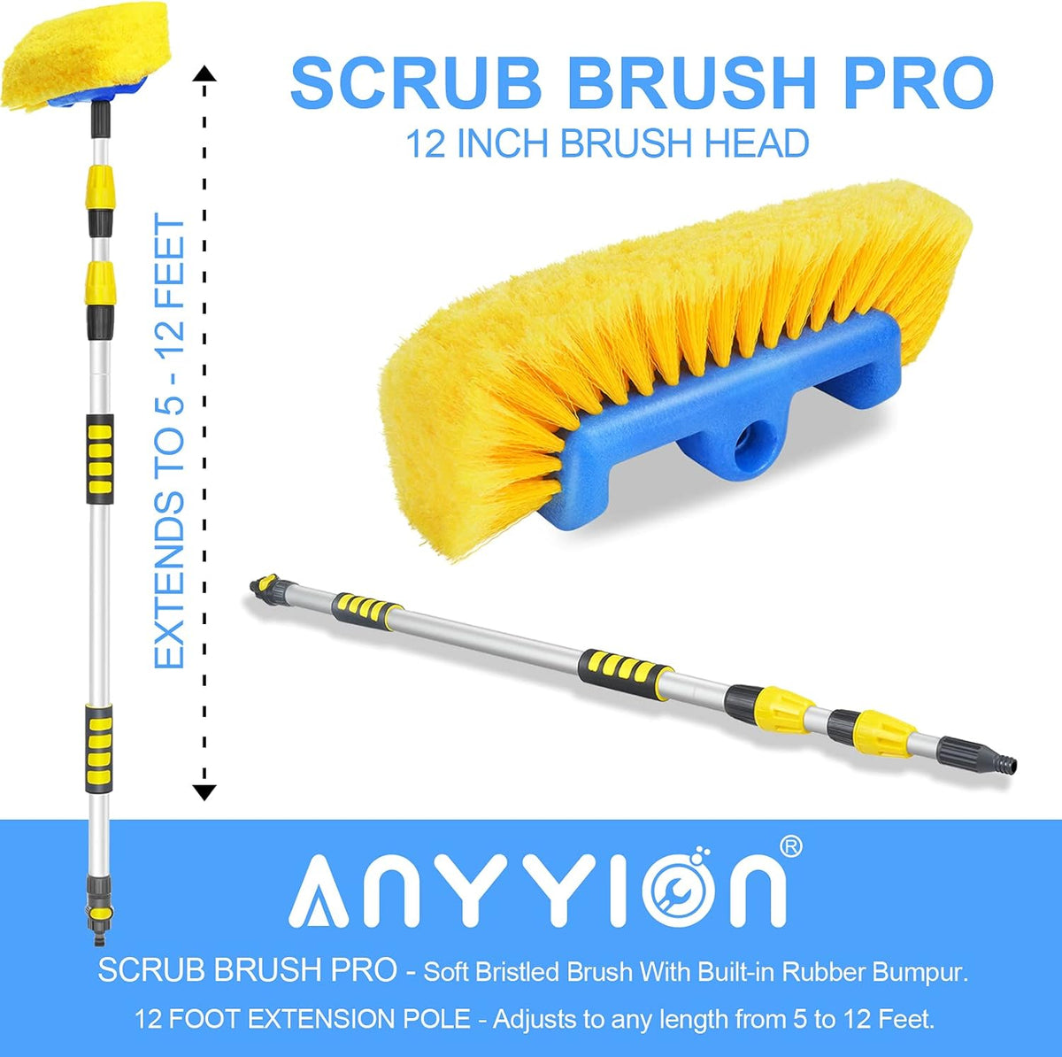 11.5 Foot Telescopic Flow Through Car Wash Brush Soft Bristles Pack of 2 C86285
