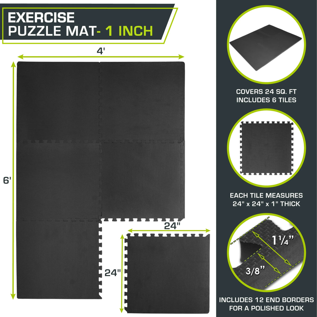 Black 1-in Exercise Puzzle Mat 6 Tiles S536