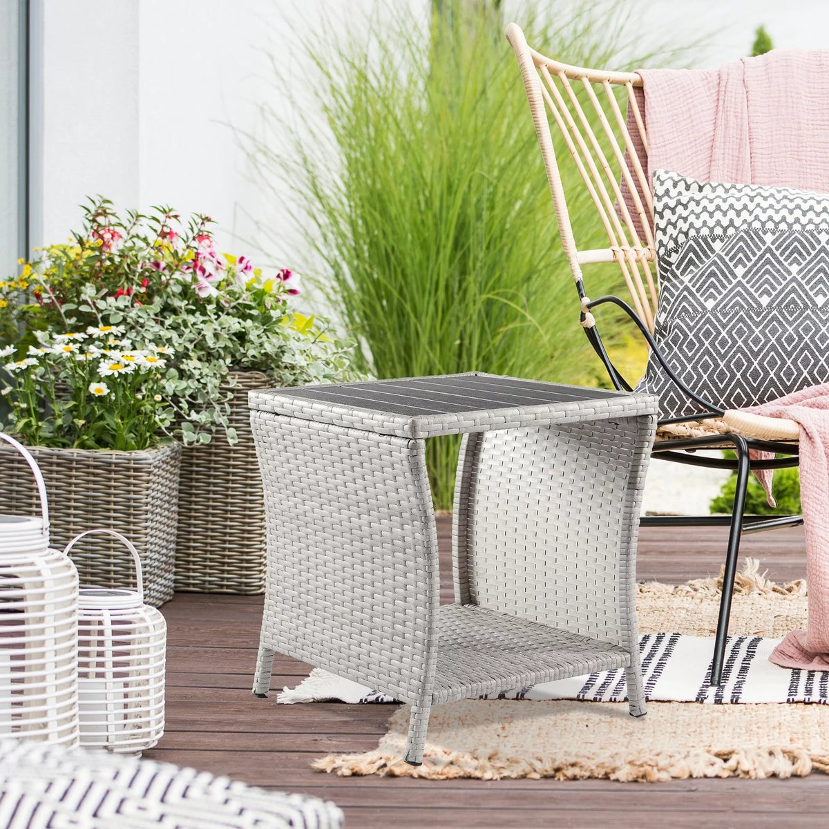 Brown Rattan Wicker Outdoor Side Table with Storage X537360