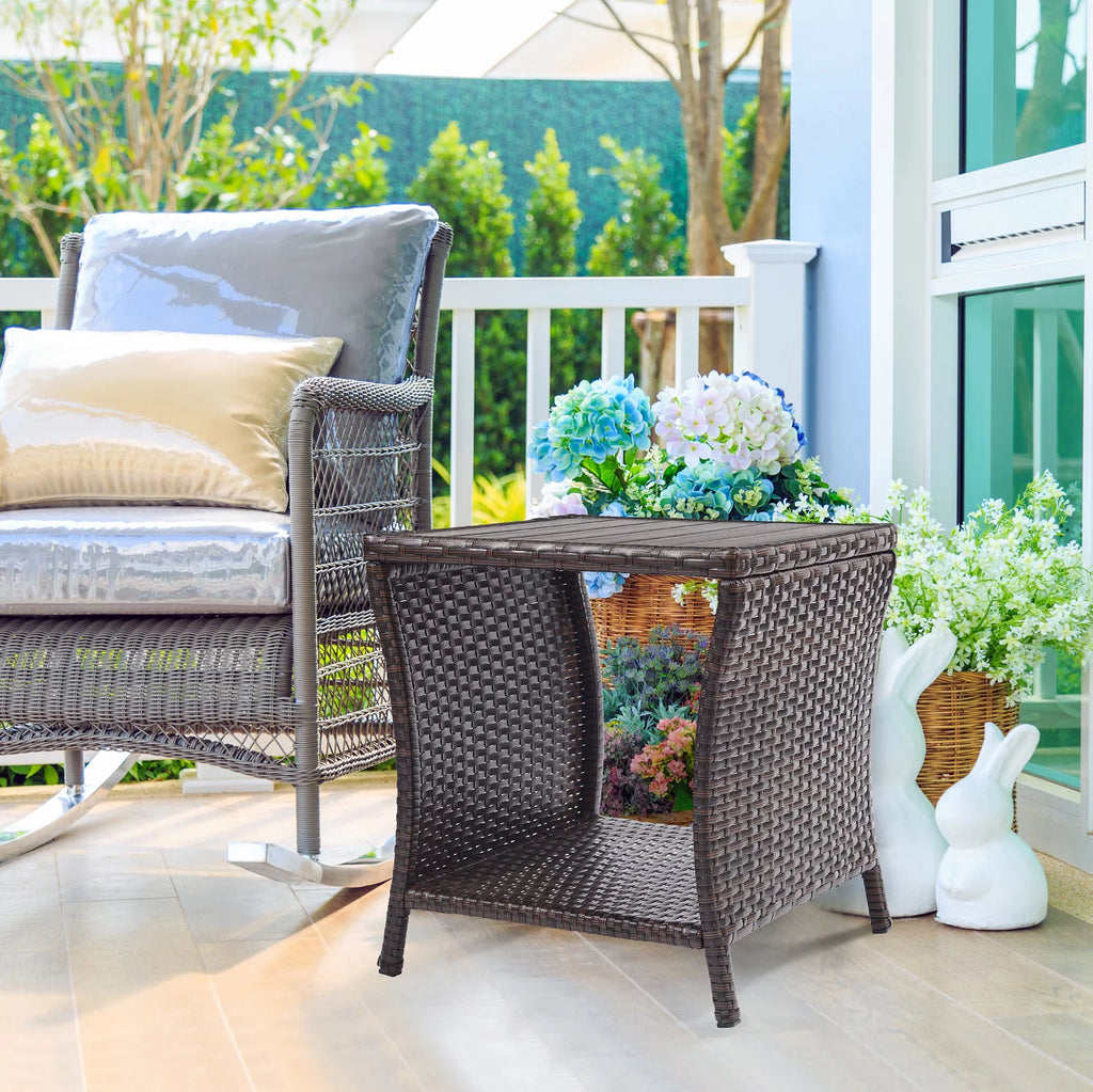 Brown Rattan Wicker Outdoor Side Table with Storage X537360