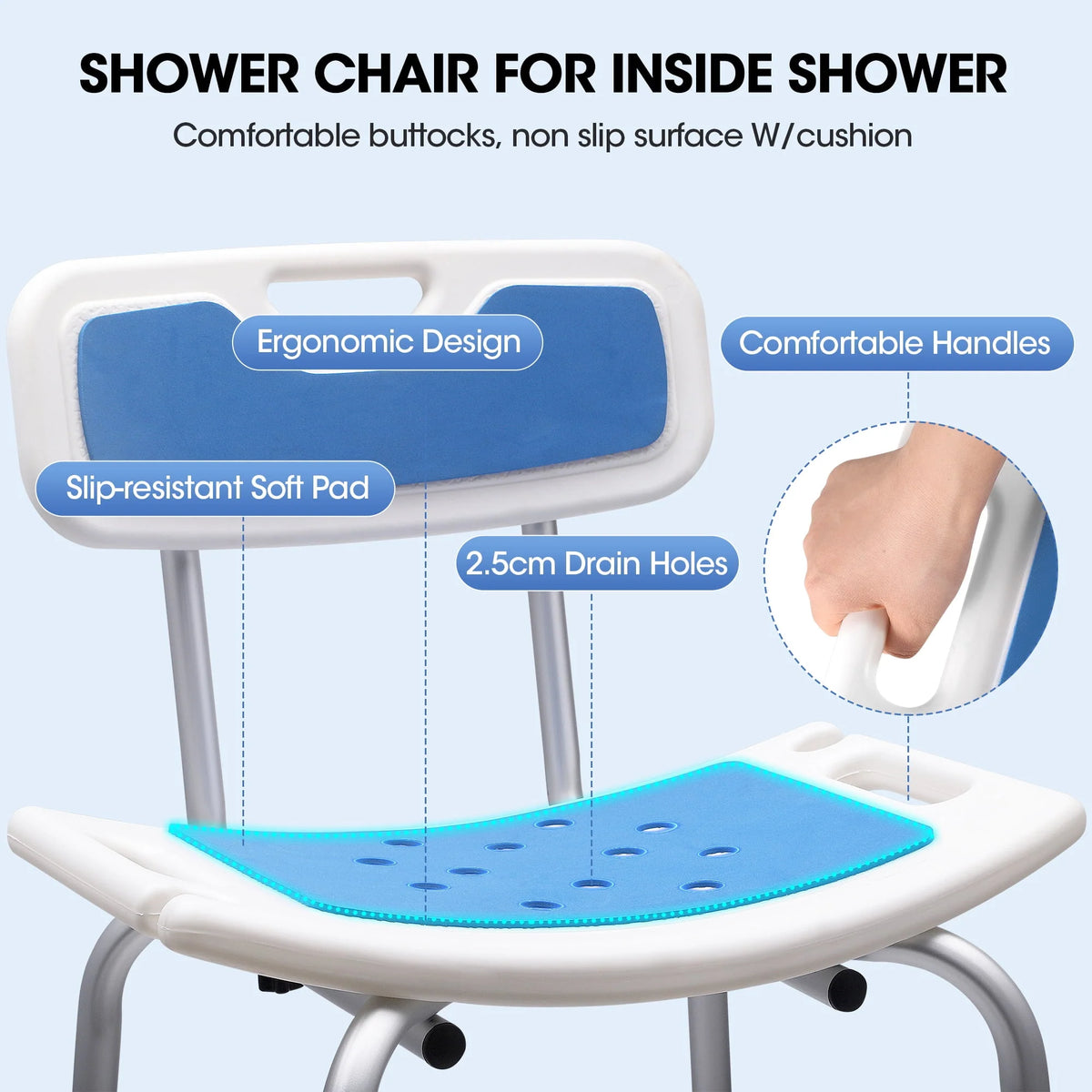 Bath and Shower Chair with Back and Padded Armrests, Height Adjustable M21719