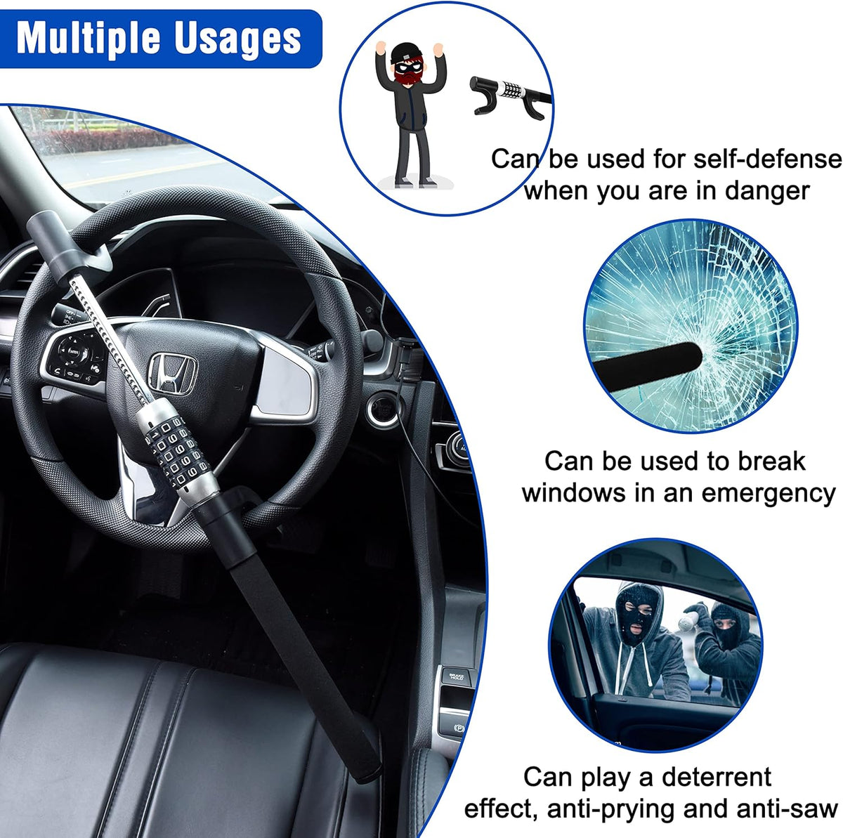 Steering Wheel Lock Heavy Duty Anti Theft Steel Universal Fit M156