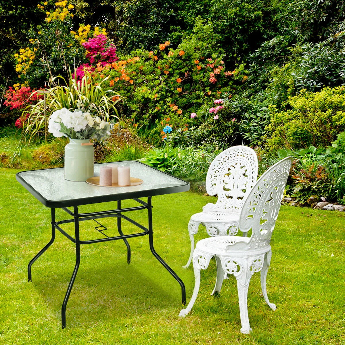 32'' Patio Square Table Tempered Glass Steel Frame X15125