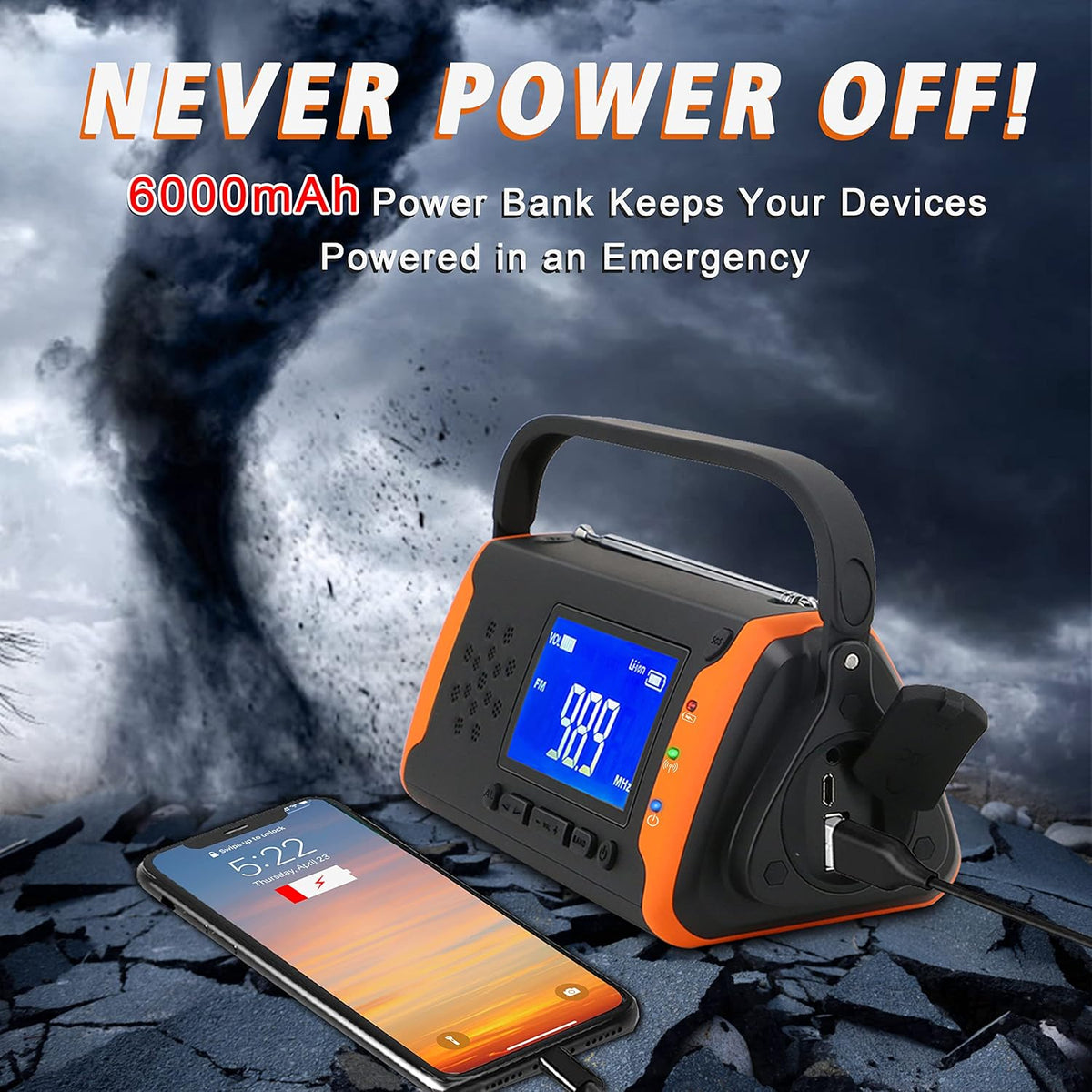 Emergency Weather Crank Radio 6000mAh Solar Hand Crank AM/FM/NOAA R808354