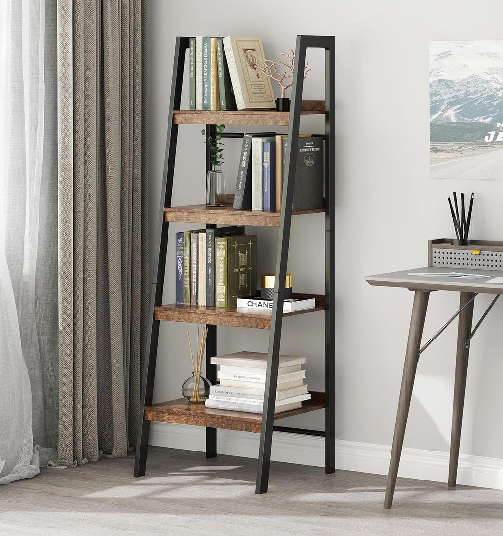 4-Tier Ladder Bookshelf Wooden Metal Frame Brown Q91497