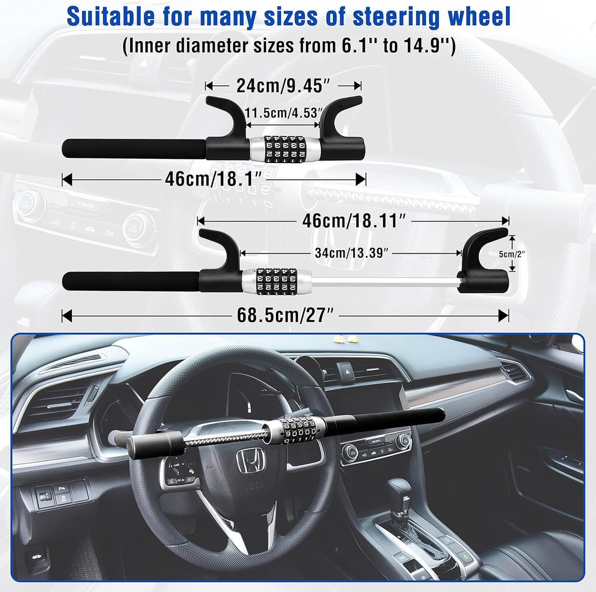 Steering Wheel Lock Heavy Duty Anti Theft Steel Universal Fit M156